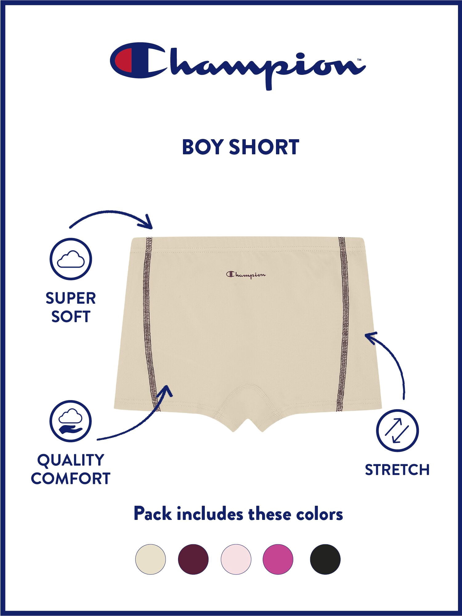 Champion Girls’ Softest Touch Boyshorts, 5 Pack, Sizes XS–XL