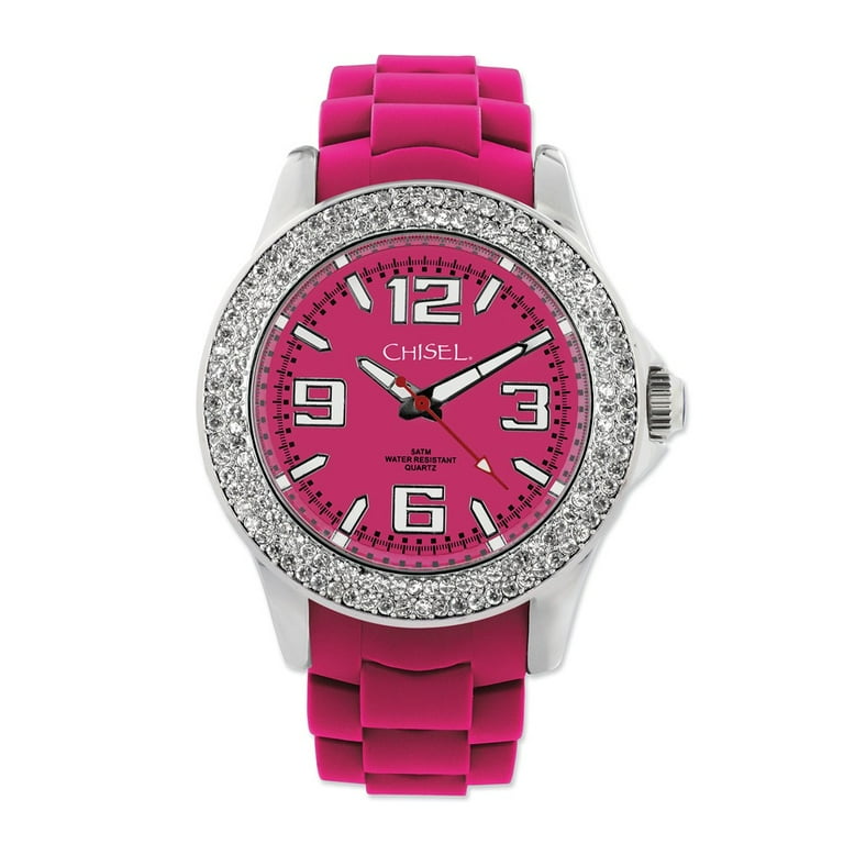 Mia Diamonds Ladies Chisel 40mm Crystal Bezel Dk Pink Silicone Strap Watch