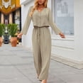 thumbnail image 2 of Women Fall Fashion Casual 2 Piece Outfit Cotton Linen Long Sleeve Button V Neck Crop Tops Wide Leg Pants Sets Loungewear, 2 of 6