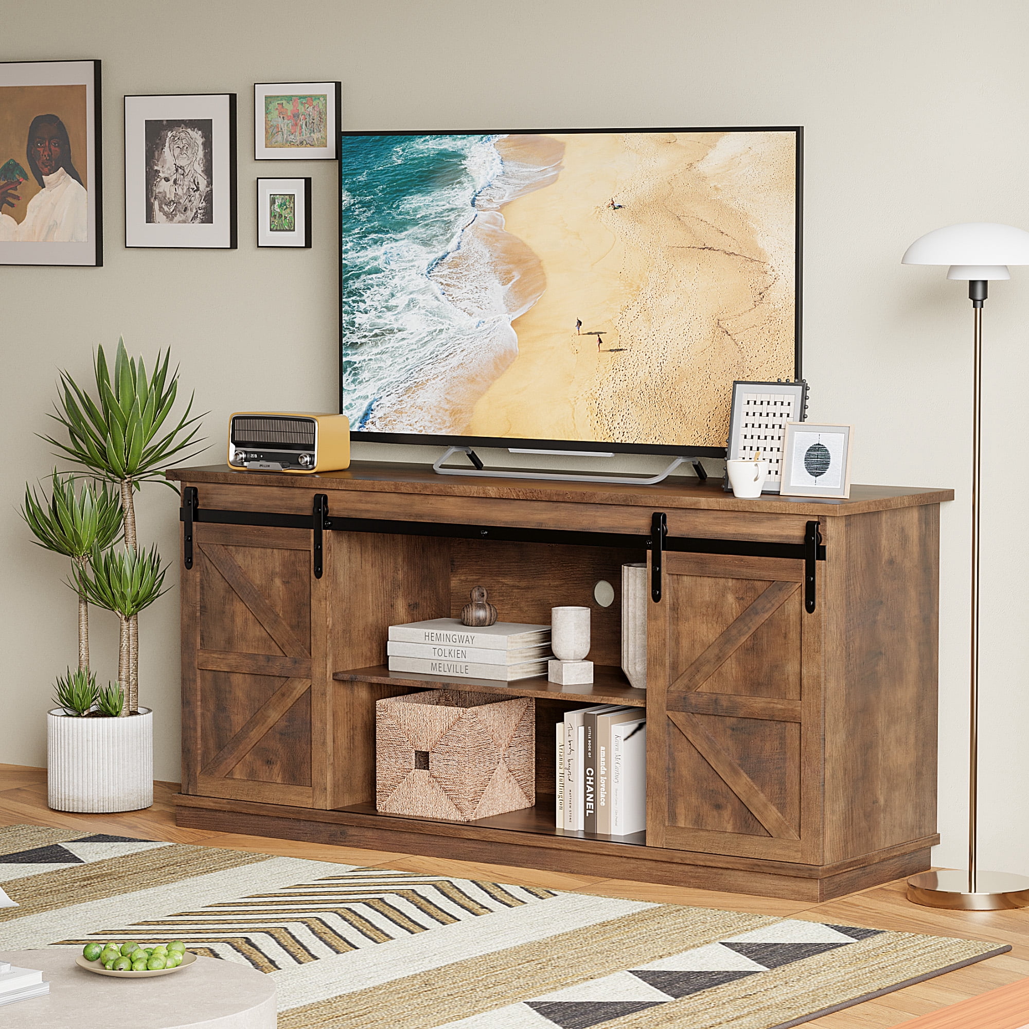 Vineego Rustic Modern TV Stand for 65-Inch TVs - Entertainment Center with Storage Cabinet & Sliding Barn Door Design,Oak
