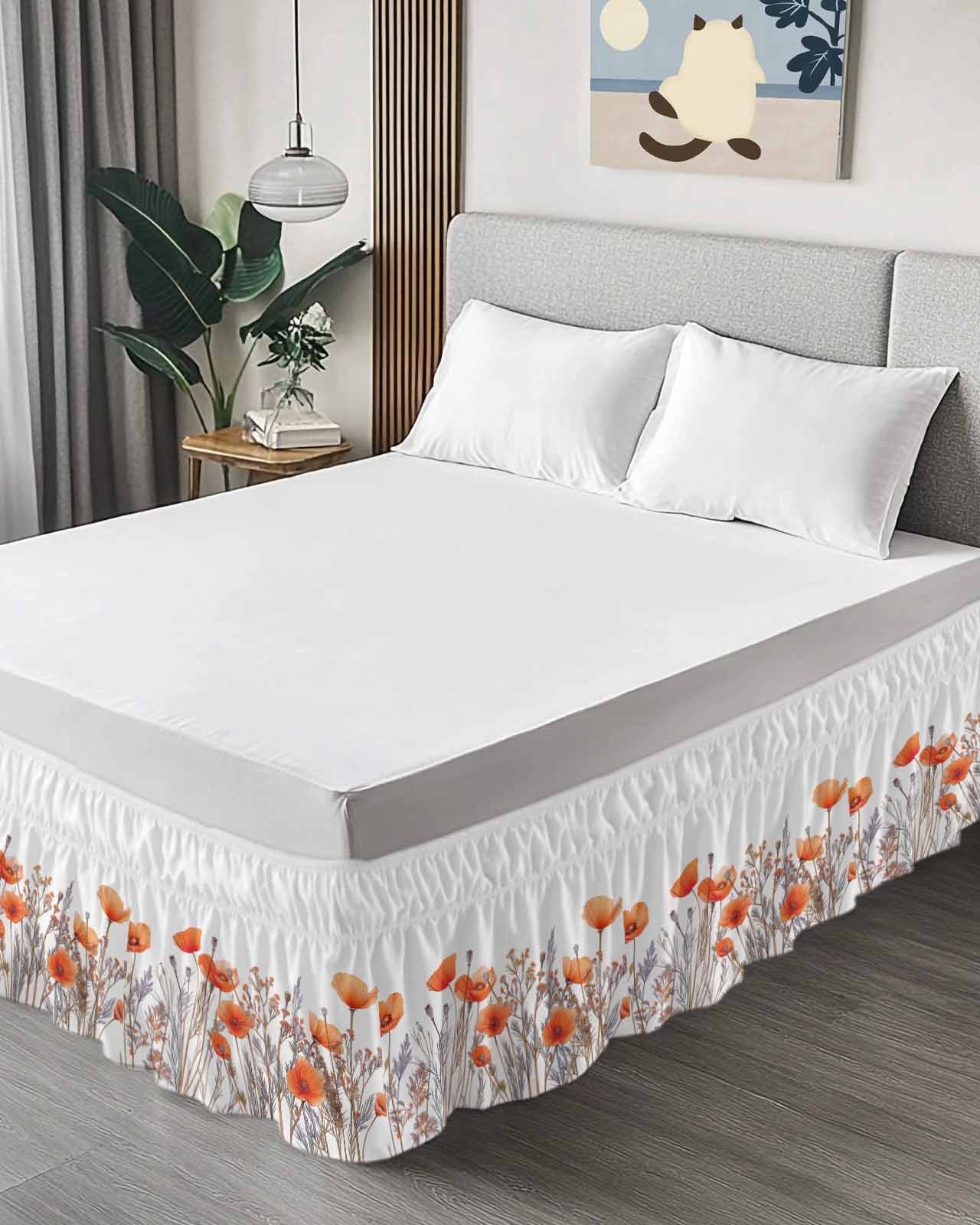 Orange Spring Floral Wrap Around Bed Skirts for Queen Bed 16" Drop, Bed Skirt with Adjustable Elastic Belt Dust Ruffle Bed Valance for Bedroom Hotel Luxury Watercolor Summer Botanical Bed Frame Cover