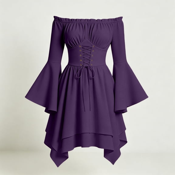 Renaissance Costume Women Bell Sleeve Cold Shoulder Lace up Ruffle Medieval Corset Dress Halloween Costumes Purple XL