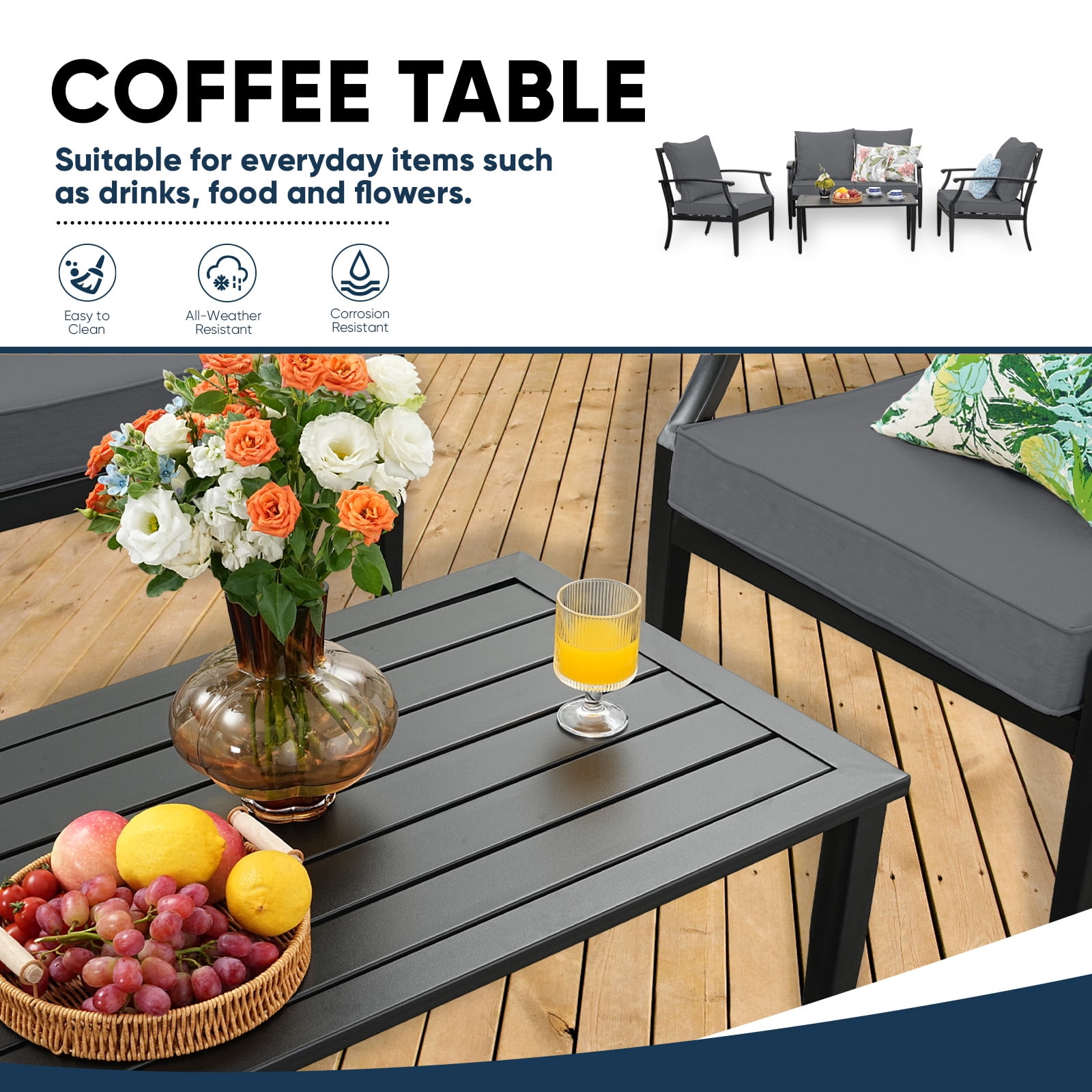 TerraRelax 4 Piece Outdoor Patio Furniture Set, Oversized Metal Conversation Set with High Back & Deep Seating, Water-Repellent Cushions, Coffee Table for Porch, Deck, Backyard, Grey