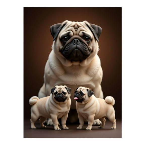 Diamond Art Kit for Adults, Pug Family Portrait Brown Background Diamond Painting for Adults Beginners, DIY Diamond Art Painting Kits, 5D Diamond Painting Crafts for Home Decor 12x16 Frameless