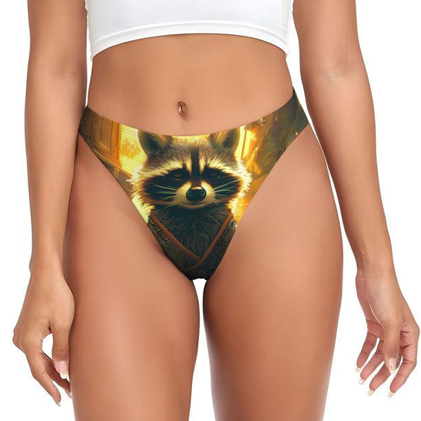 Balery Tree Meditating Raccoon Tangas de Algodón para Mujer con Estampado – Ropa Interior Sexy, Transpirable, G-string-Large