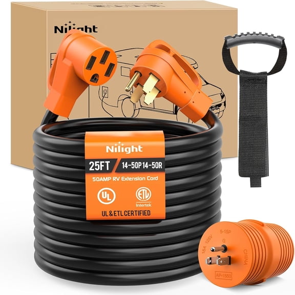 Nilight 25FT 50 Amp RV Extension Cord with Adapter 15Amp to 50Amp 250V Heavy Duty 6/3 8/1 Gauge Pure Copper STW Wire UL ETL Listed 4 Prong 14-50P 14-50R Weatherproof Suit for Generators Camper