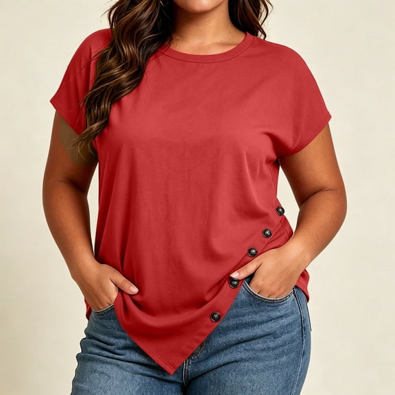 ITSAME Womens Plus Size Tops Crew Neck Short Sleeve Shirts Daily Wear Summer Loose Casual Tops Red Size 4XL