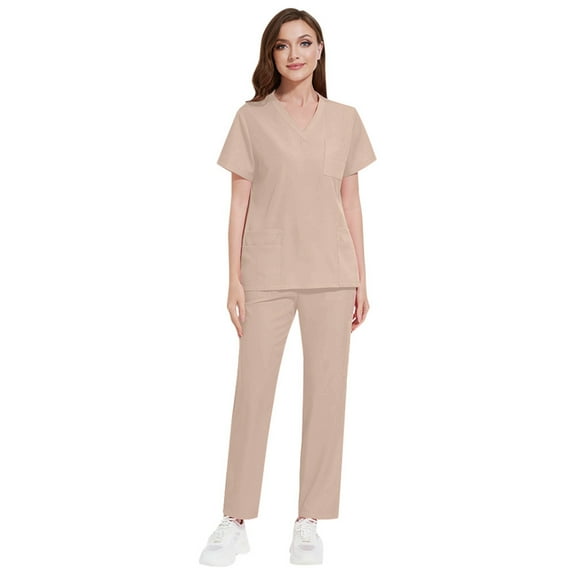 Scrubs for Women Set V-Neck Scrub Top and Cargo Pants Skin-friendly Women Scrubs Stretch Workwear with Multi Pockets Beige L