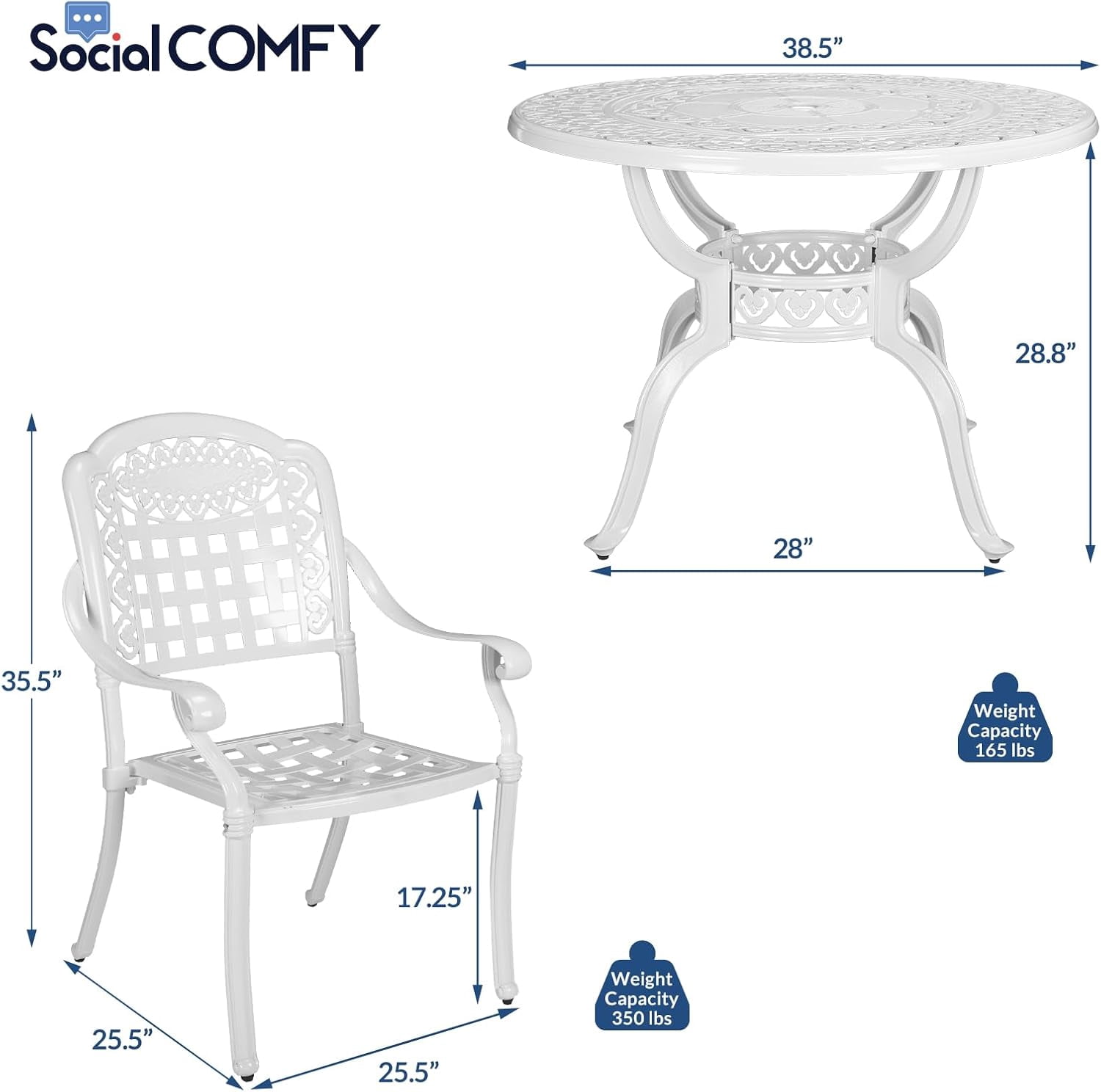 5-Piece Outdoor Patio Dining Set, All-Weather Cast Aluminum Furniture Conversation Set, Include 4 Chairs and a 38.5" Round Table with Umbrella Hole for Balcony, Lawn, Garden