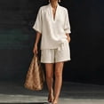 thumbnail image 2 of GZWYHT Linen Outfits Women 2 Piece，Linen Two Piece Set Embroidered Tops Bohemian Sets Embroidered Linen Shirt And Pant Capri Pants Linen Matching Set Linen Beach Set Beige 4XL, 2 of 4