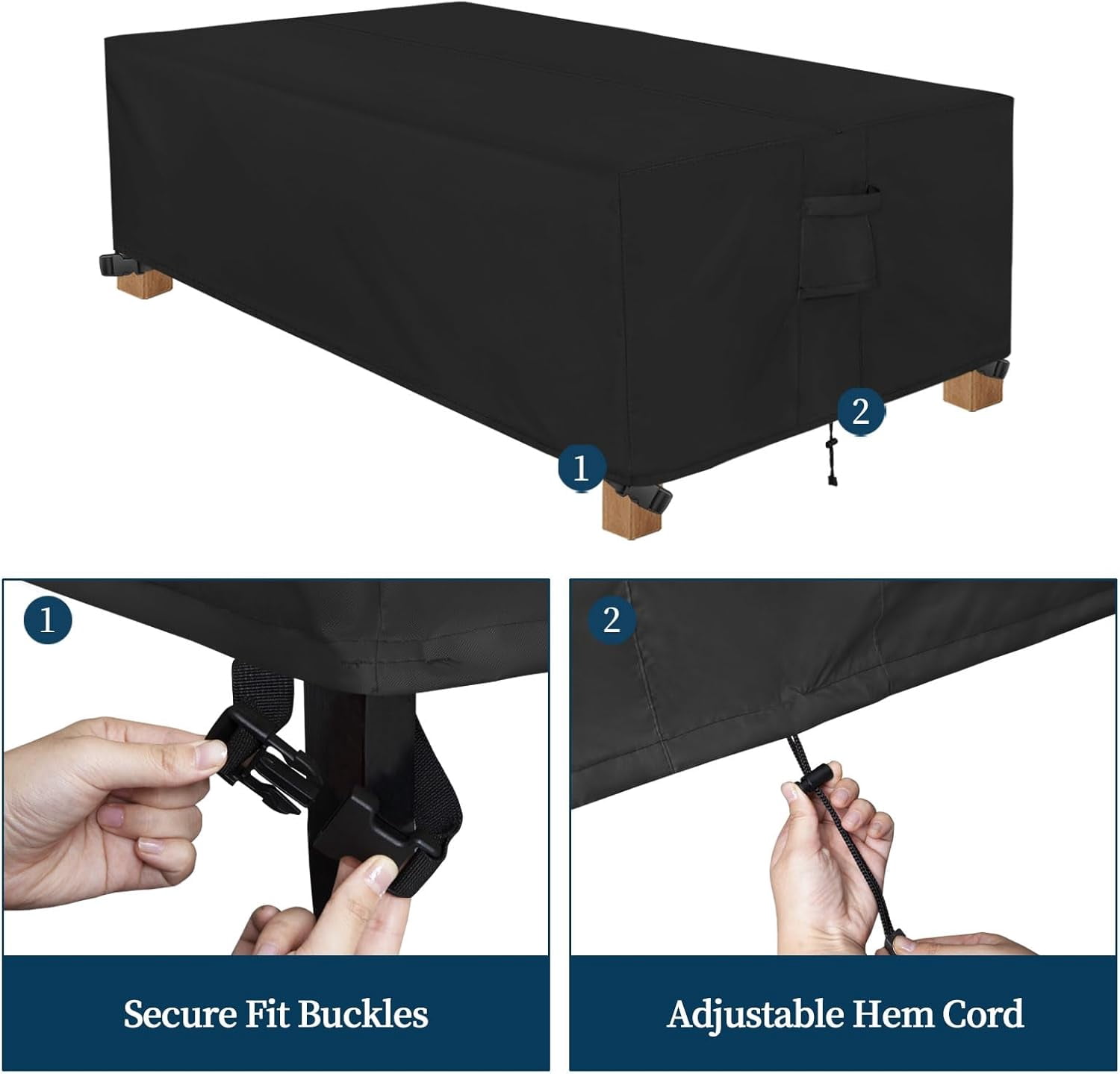 General Patio Furniture Cover Waterproof Outdoor Rectangular Coffee Table Cover with Seal Tape at Seams (48" L x 28" W x 16" H, Black)