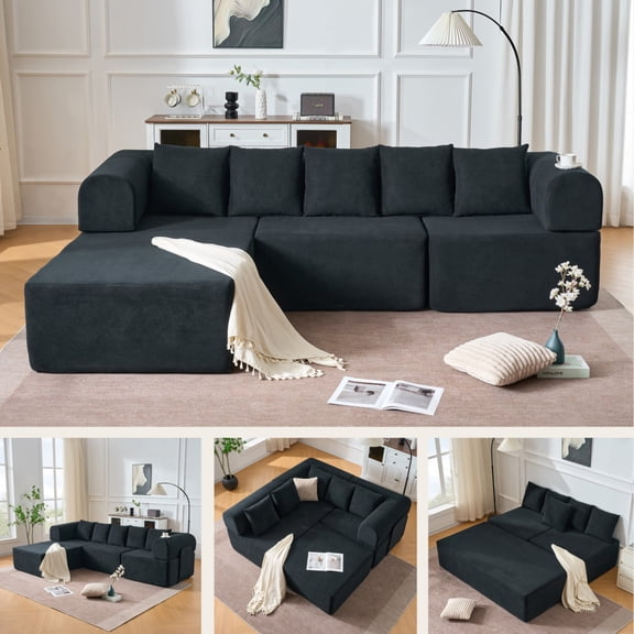 106" Modular L-Shaped Cloud Sectional Sofa - Velvet Deep Seat Couch with Movable Chaise, 5 Pillows & No Assembly,Black