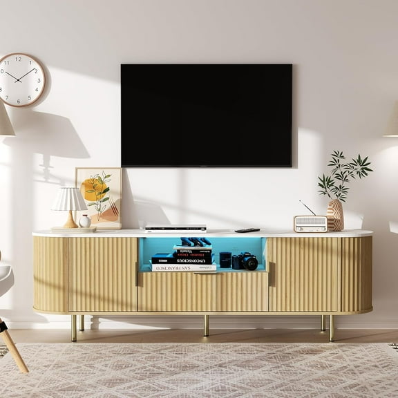 68.5" Fluted TV Stand with LED Lights, Faux Marble Top Wood Console, Modern Entertainment Center for 68" TVs, Media Cabinet for Living Room & Bedroom