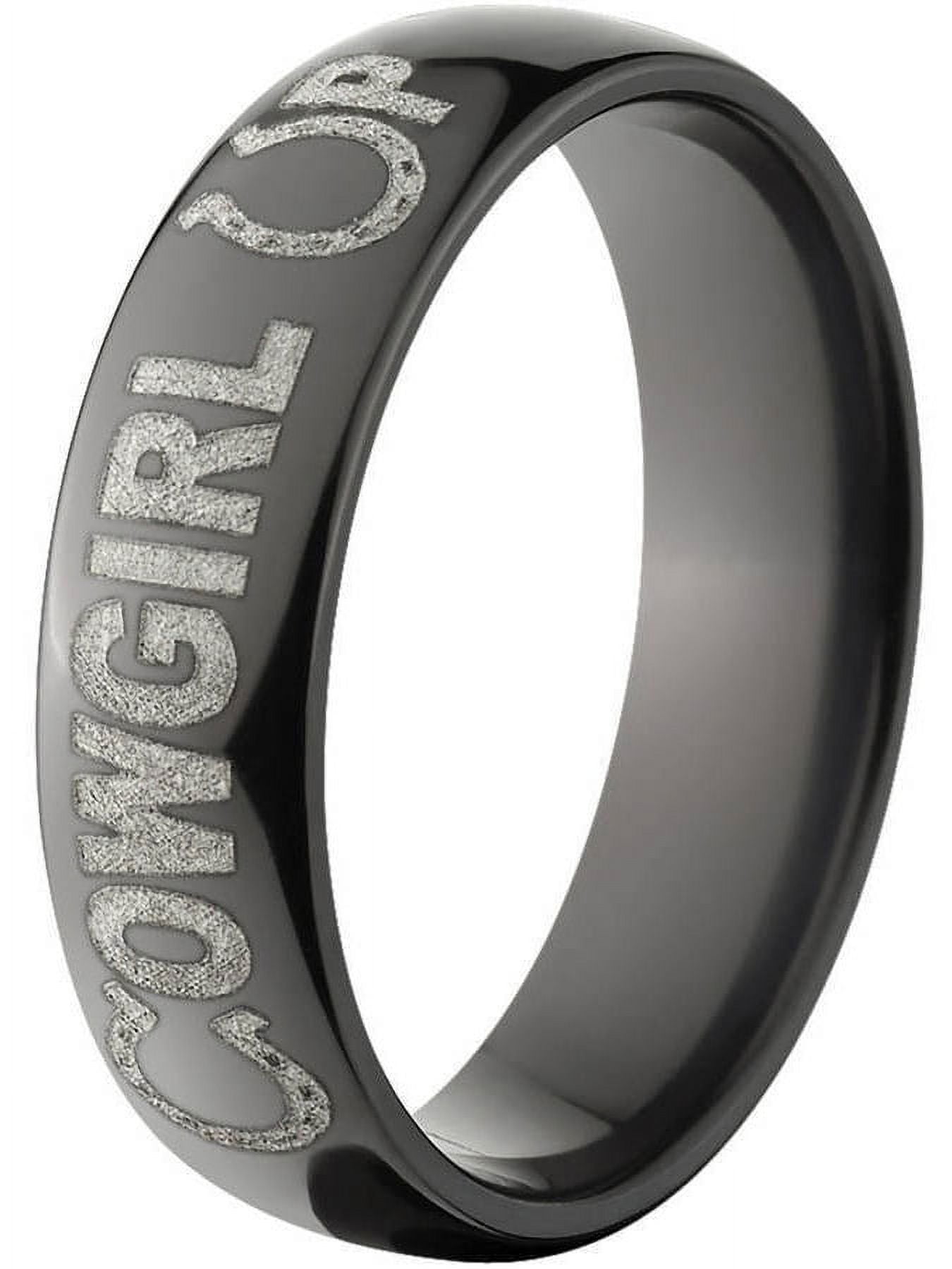 6mm Half-Round Black Zirconium Ring with "Cowgirl Up" Laser Design