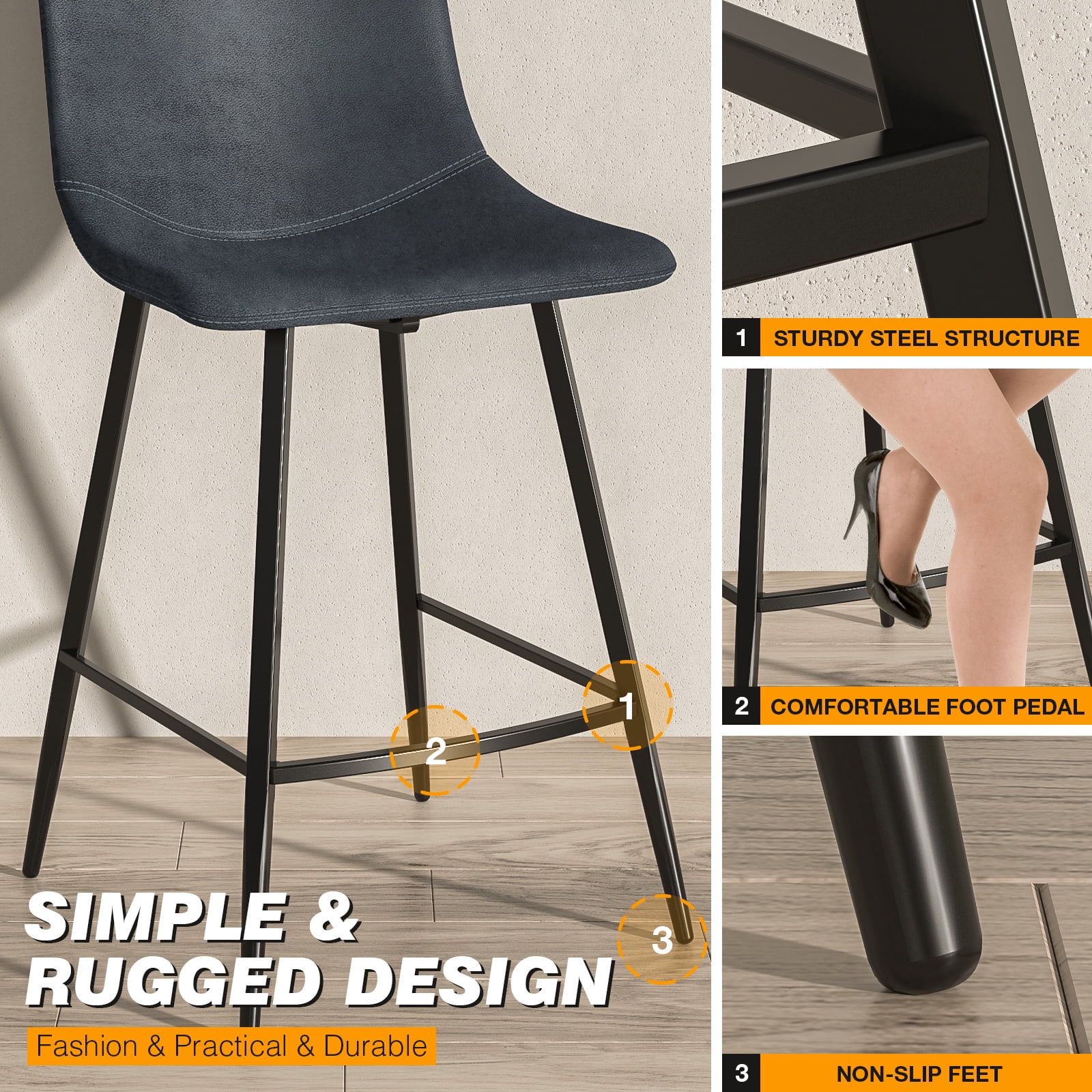 TAVR Furniture 600 lbs Counter Height Bar Stools Set of 3, 24 inch Leathaire Barstools with Back, Bar Chairs with Metal Legs for Kitchen Island, Dining Room, Party Room & Restaurant, (Navy Blue)