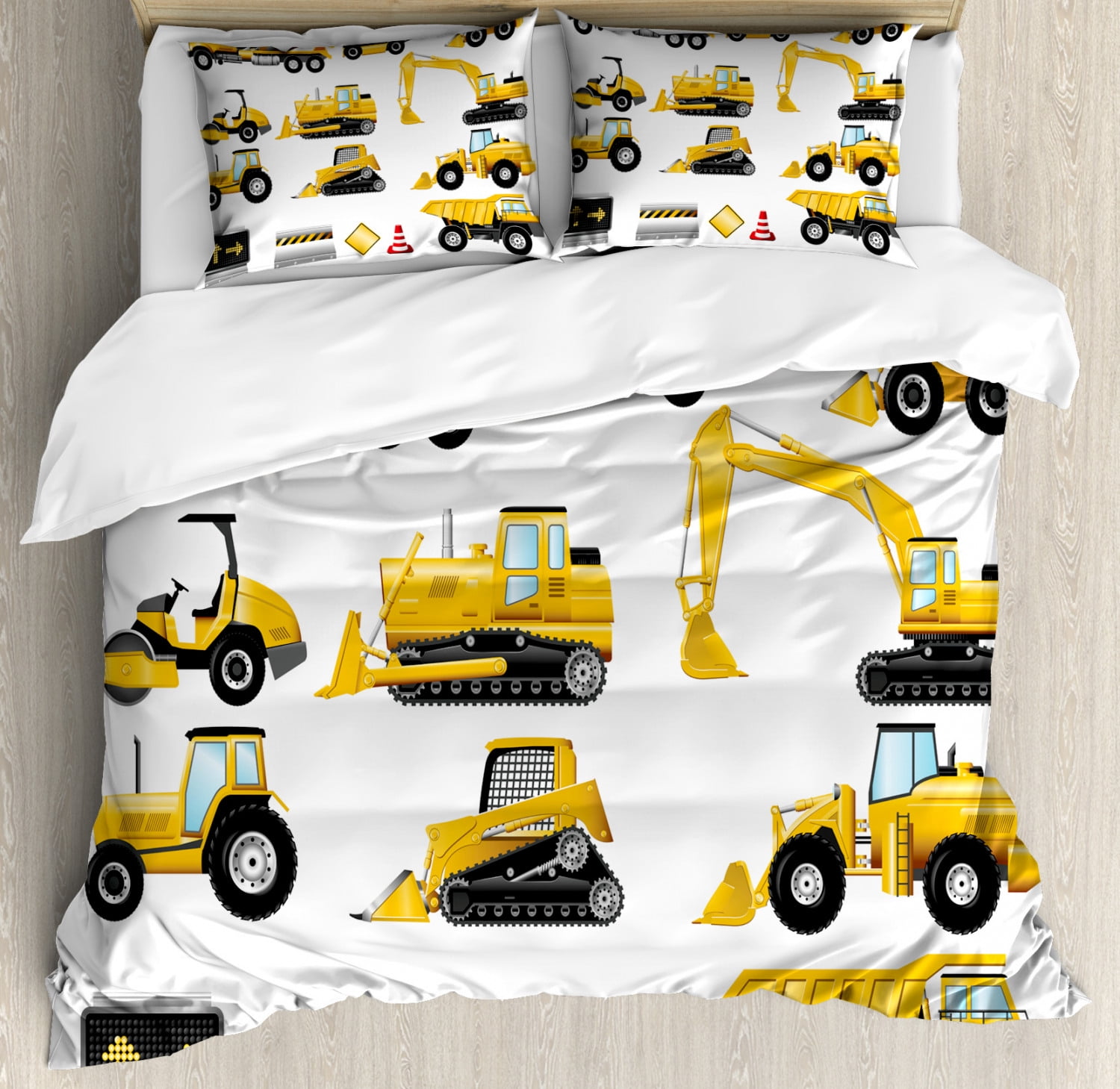Boy S Duvet Cover Set Yellow Colored Construction Site Machinery