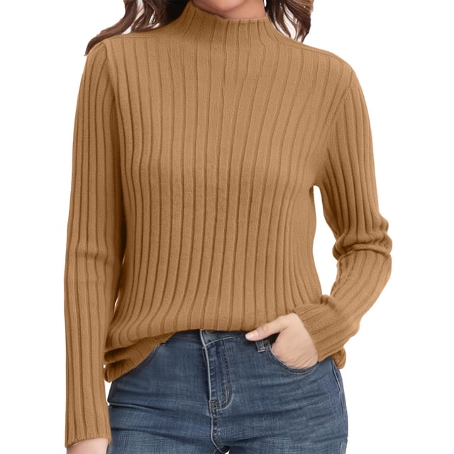 ManxiVoo Women's Ribbed Knit Turtleneck Sweater Long Sleeve Pullover Basic Top for Fall 2025 Versatile Layering Piece L Size Coffee