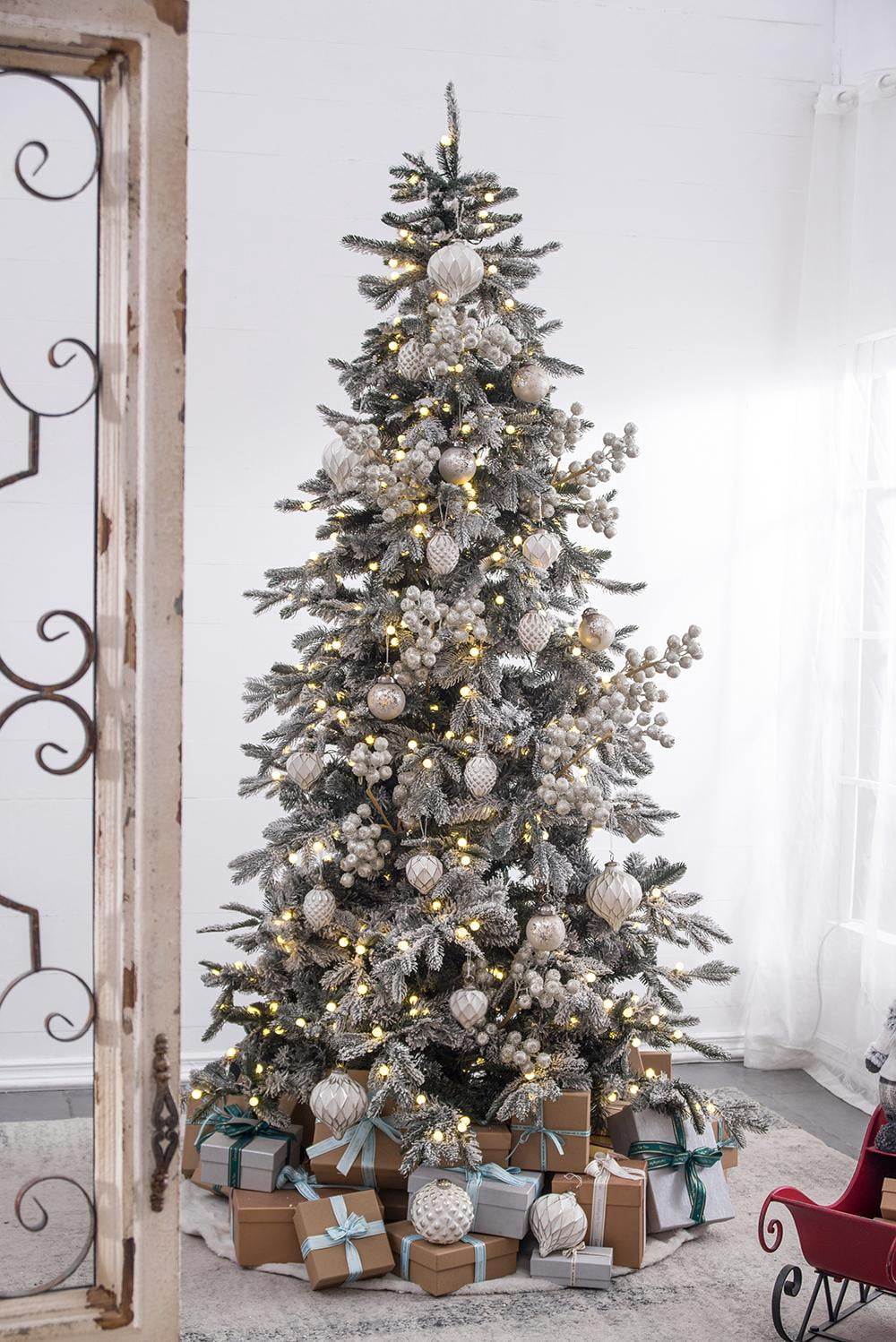 Glass Christmas Ball Ornament with Iron Accent Iridescent Finish Tree Garland Decor