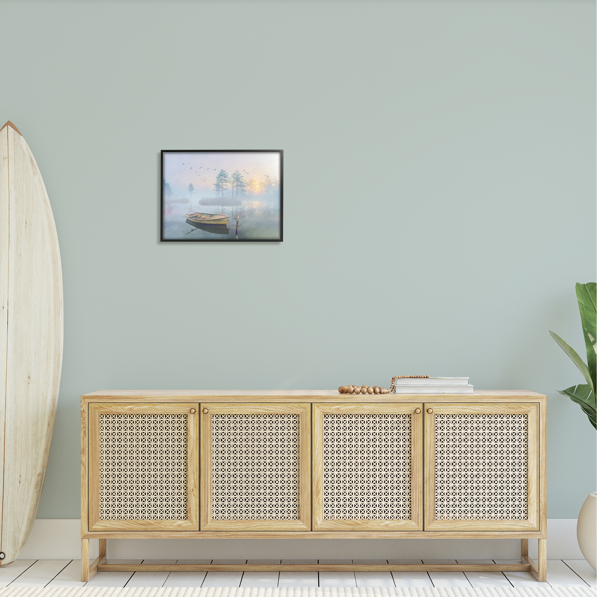 Stupell Dinghy Boat Foggy Pond Reflection Landscape Painting Black Framed Art Print Wall Art