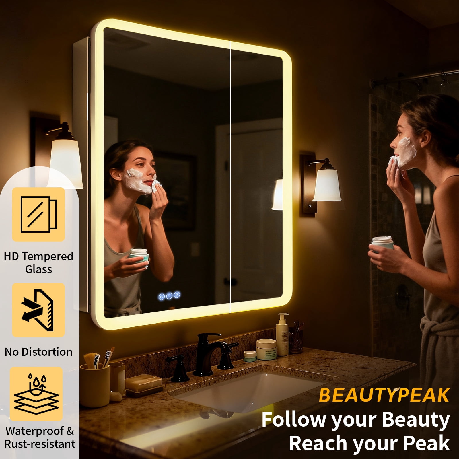 BEAUTYPEAK 30" x 32" Bathroom LED Mirror Medicine Cabinet with Storage Adjustable 3 Color Temperature