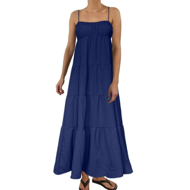Vestido largo sin mangas de verano con tirantes finos y ribetes en contraste para mujer