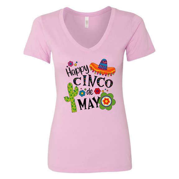 Inktastic Happy Cinco De Mayo Sombrero, Cactus, Flowers Women's V-Neck T-Shirt