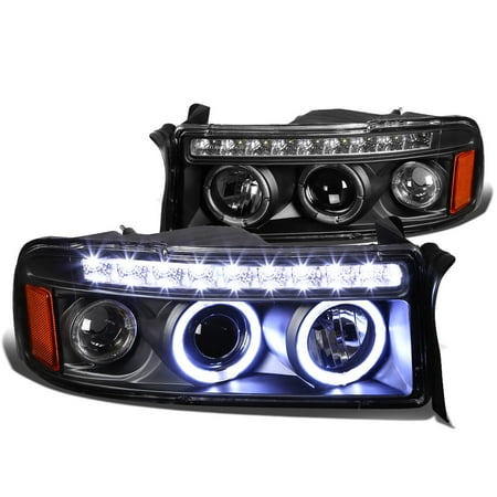 For 1994 to 2001 Dodge Ram LED DRL Strip Dual Halo Ring Projector Headlight Black Housing Amber Corner Headlamp 95 96 97 98 99 00 1500 2500