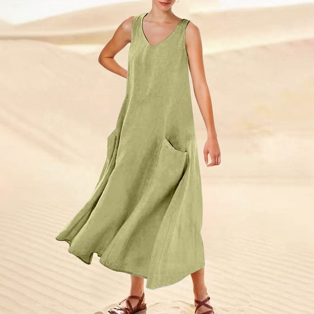 WILLBEST Vestido Corto De Verano Para Mujer, Color Liso, Sin Mangas, Cuello En V, Elegante, Holgado, Informal, Largo, Con Bolsillos, Cómodo Y Elegante Para Uso Diario.