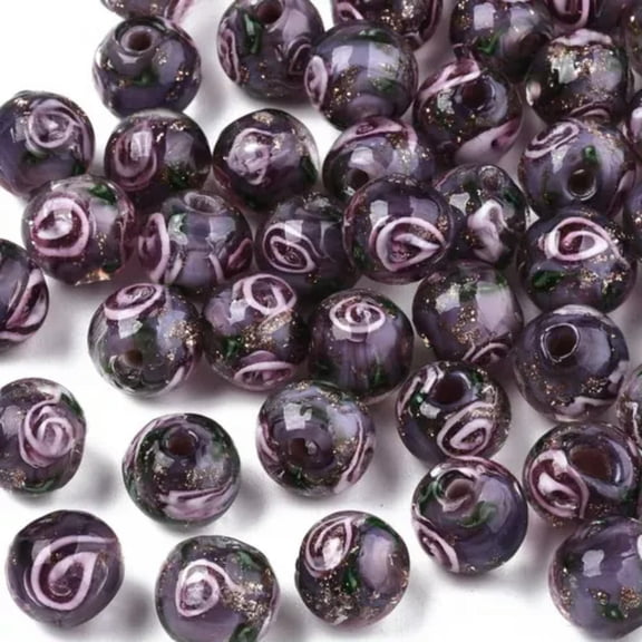 GKNET 60pcs Gold Sand Lampwork Beads 8mm Flower Loose Bead Multi-Color for DIY Crafts-Rosy Coffee