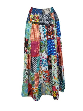 Mogul Women Long Patchwork Design Skirt Cotton Printed Gypsy Hippie Chic Summer Maxi Skirts S/M