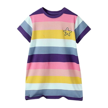 

ZRBYWB Baby Girls Dresses Kids Crew Neck Summer Short Sleeves Stylish Sundress Casual Beach Stripe Print Party Dress Baby Girl Clothes