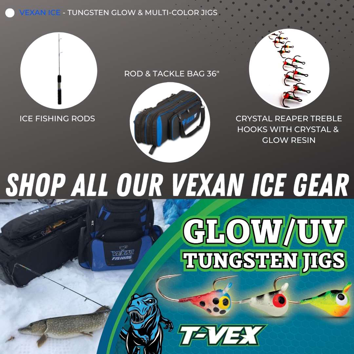 Vexan 12-Pack Tungsten Ice Fishing Jigs Glow & Multi-Color Free JIG Box (1.1g, 4 mm, #14 Hook)