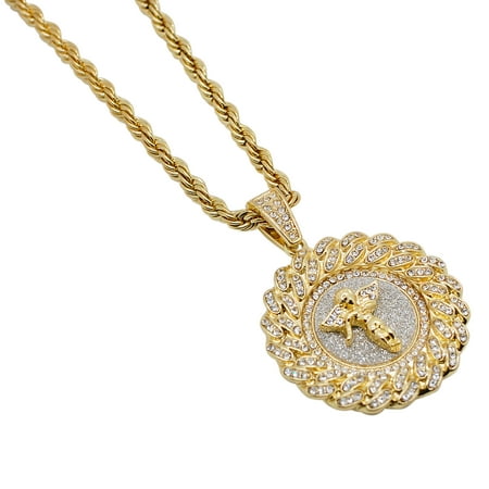 - Gold-Plated Iced Out Hip Hop Bling Cuban Link Style Halo Angel Pendant and Rope Chain 24