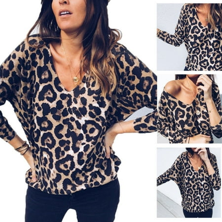 Exotic Leopard Print - Women V Neck Ladies Leopard Print Long Sleeve Loose T Shirt Tops Blouse
