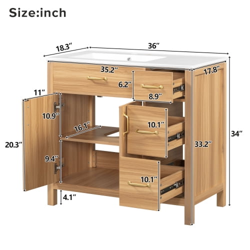 36" Wood Bathroom Vanity with Solid Wood Frame Free-Standing