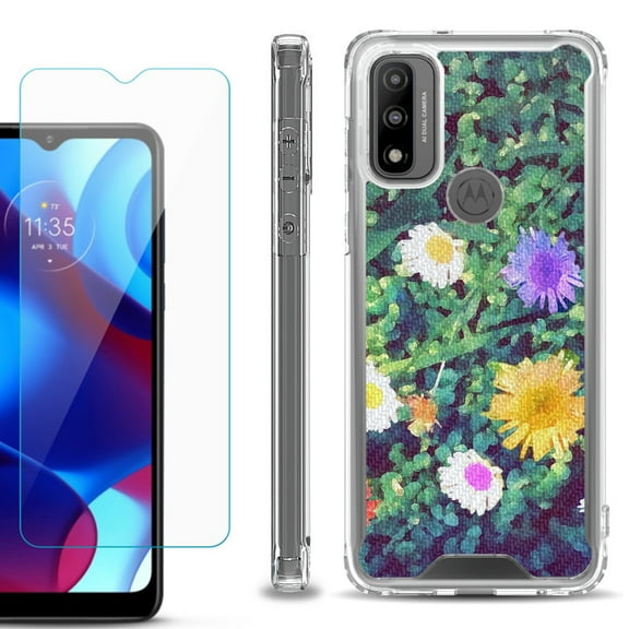 Shockproof Bumper Phone Case for Motorola Moto G Pure, with Tempered Glass Screen Protector, by OneToughShield ® - Daisy Paint