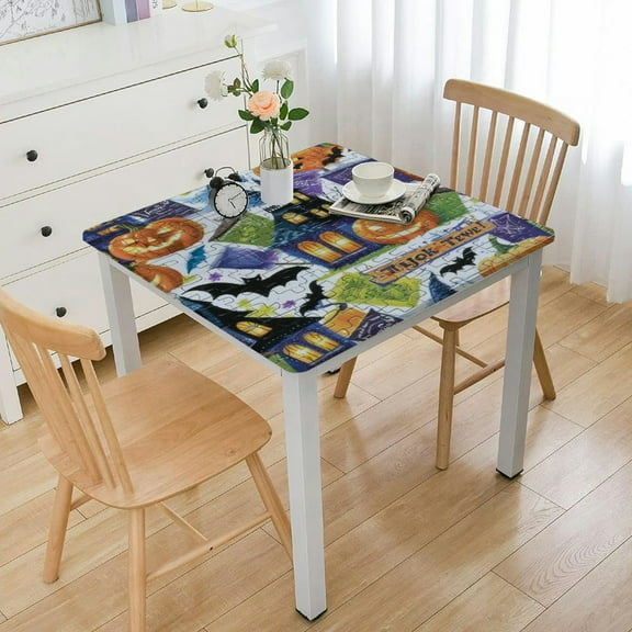Elastic Edged Flannel Backed Vinyl Fitted Table Cover - Halloween - Fits Square Tables