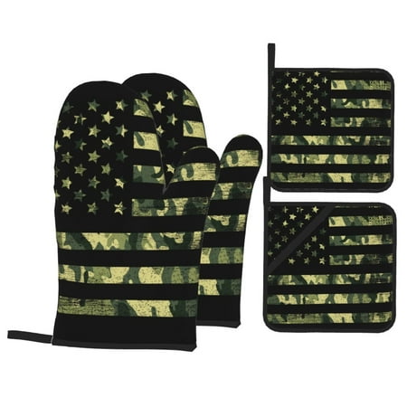 

Oven Mitts and Pot Holders 4 pcs Set American Flag Camo Heat Resistant Silicone Oven Mitts Pot Holders for Kitchen Baking Cooking Non-Slip Oven Gloves Hot Pads Potholders