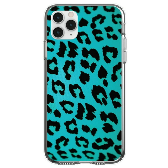 DistinctInk Clear Shockproof Hybrid Case for iPhone 13 Pro MAX (6.7" Screen) - TPU Bumper, Acrylic Back, Tempered Glass Screen Protector - Teal Black Leopard Skin Spots