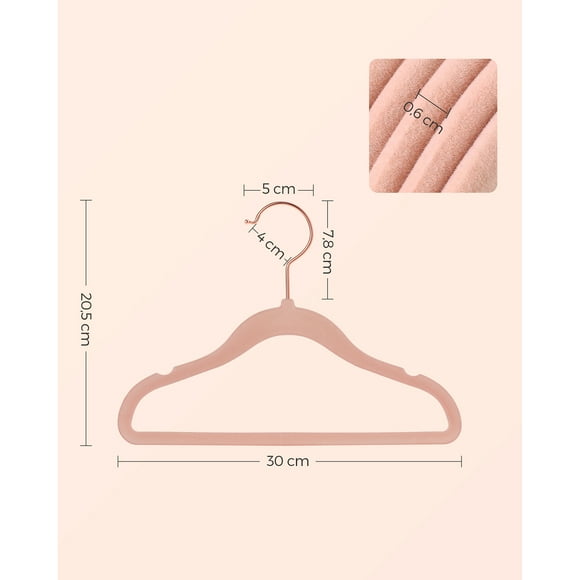SONGMICS Perchas Infantiles, Juego de 50, Perchas de Terciopelo con Ganchos, Perchas Antideslizantes para Ropa, Rosado Claro