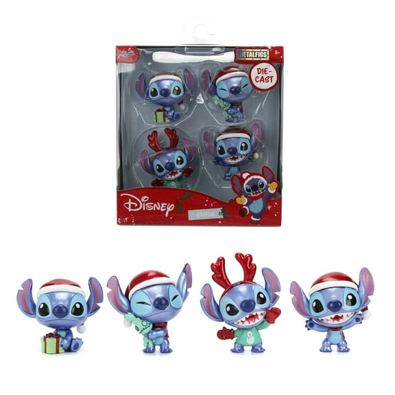 Stitch Holiday Metalfigs 4-Pack – 2.5" Collectible Diecast Figures by Jada Toys – Festive Stitch Variants with Gift, Plush, Reindeer, and Santa Hat - Ages 3