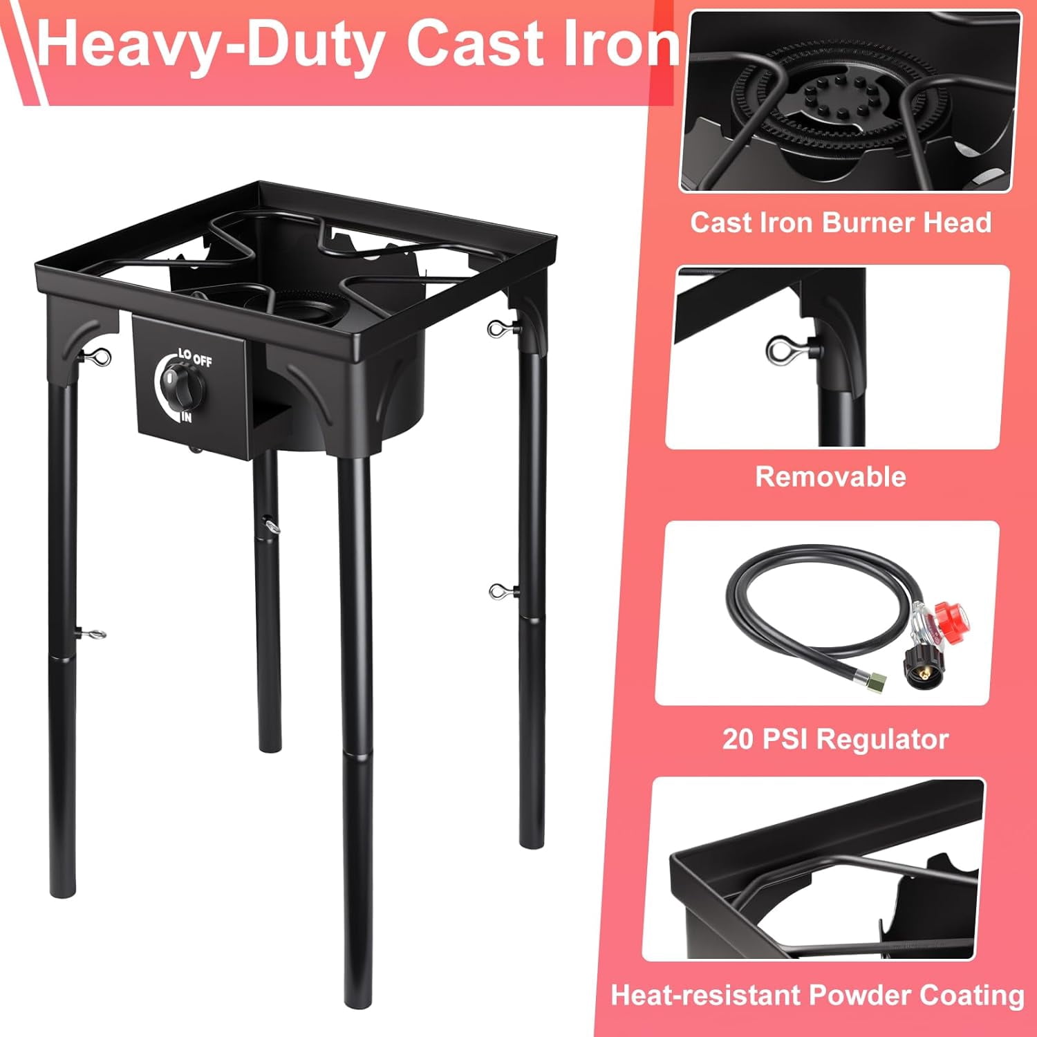 Single Burner Propane Stove for Outdoor, High-Pressure Gas Burner 75,000 BTU Propane Burner with Removable Legs Camping Stove Portable Gas Cooker Stand for Cooking, BBQ, 20 PSI Regulator