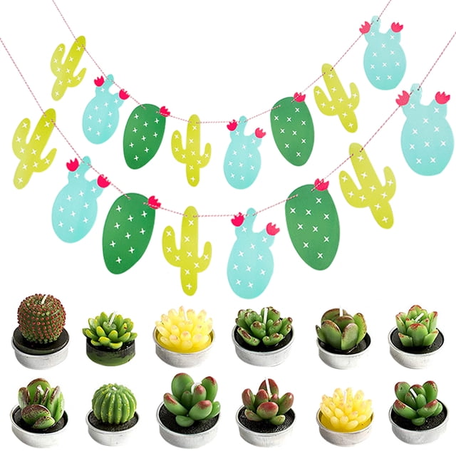 Coofit 12PCS Succulent Candle Creative Mini Tealight Candle with 2 Sets Cactus Banner