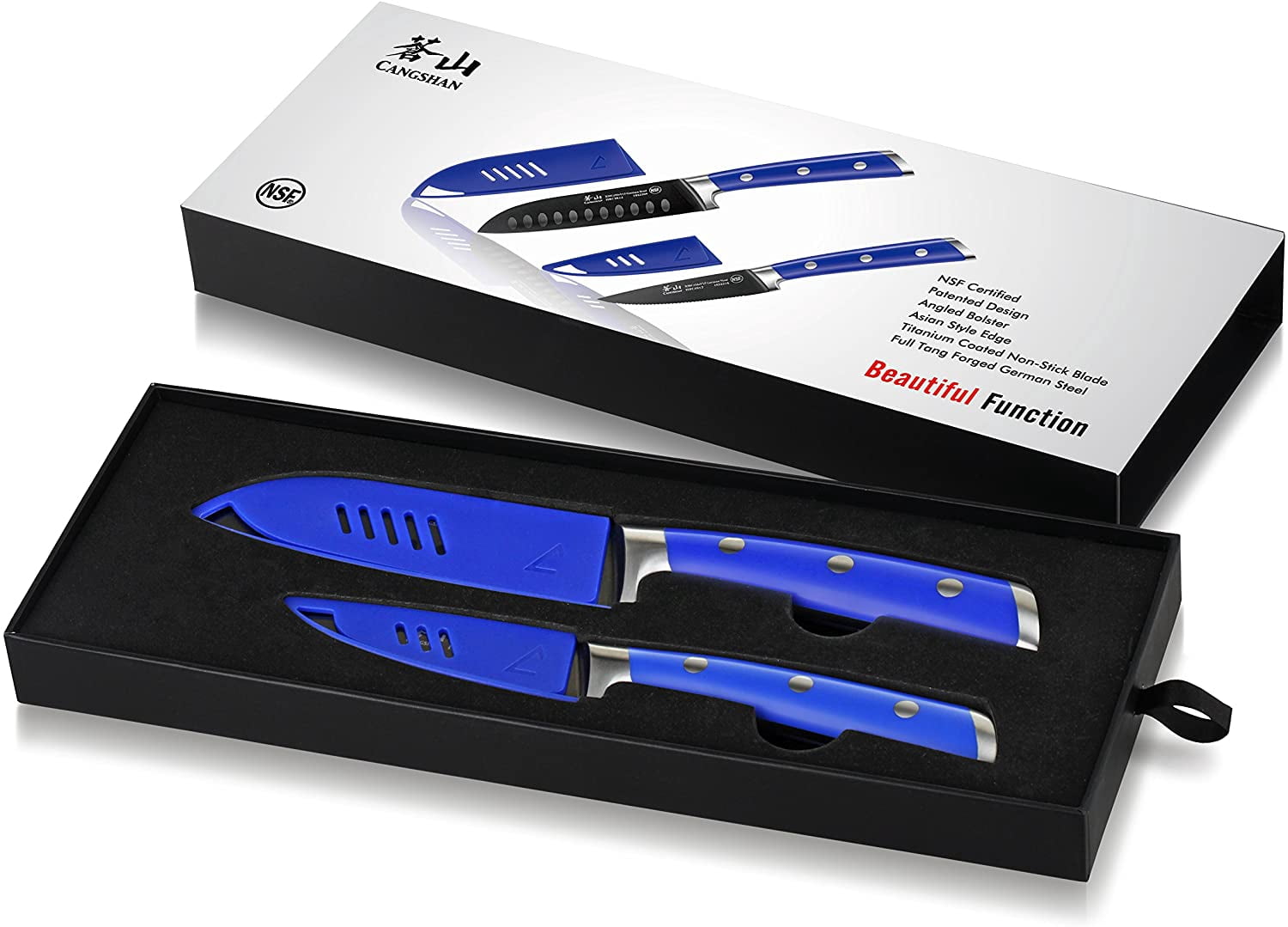 Cangshan S+ Series German Steel Forged 2-Piece Titanium Coated Santoku Starter Knife Set with Sheaths, Atlantic Blue