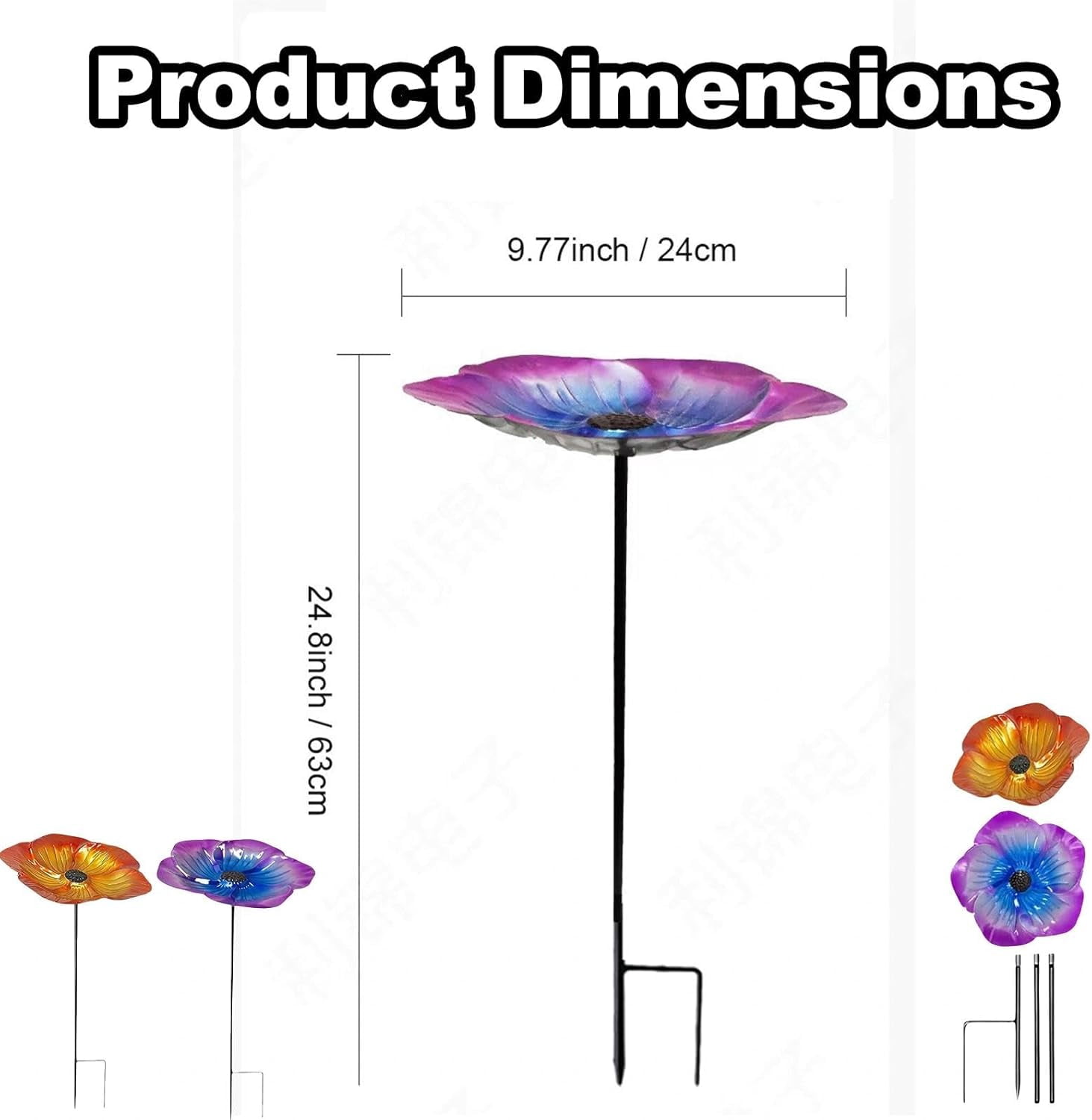 Bird Bath for Outside 24" High Metal Flower Bird Baths Bird Feeders with Stake Decorative Birdbath Bowl Freestanding Birdbaths Tray for Outdoors Garden Yard Patio Lawn Decor