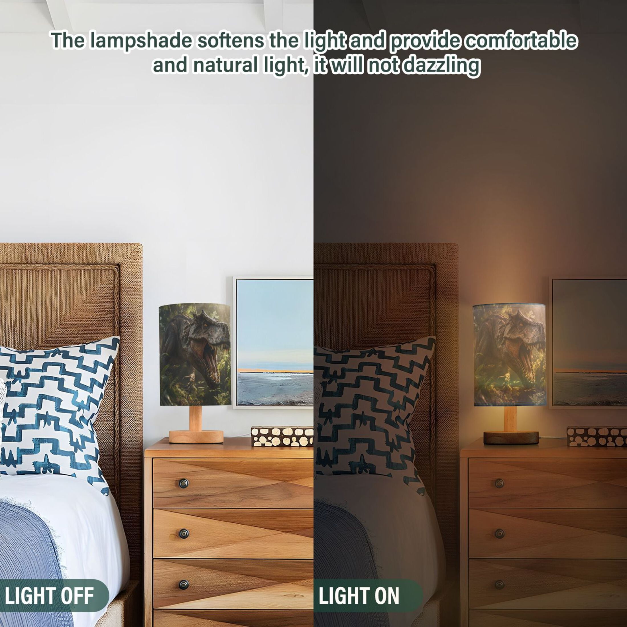 Dinosaur Leaves Trees Sunlight Table Lamp USB Bedside Desk Nightstand Lamp Printed Gifts Small Lamp Wood Base for Bedroom Living Room Kids Room College Dorm