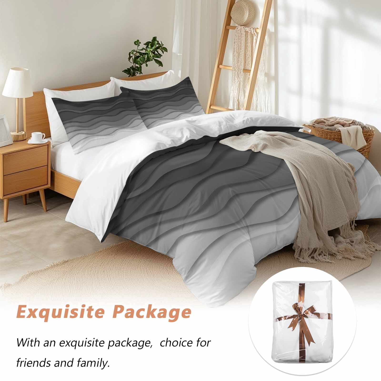 Black Ombre Stripes Bedding 3 Piece Duvet Cover Set Full Size, Modern Abstract Sea Waves Spray Art Soft Microfiber Comforter Cover with Zipper Closure & Pillowcases, FadeResistant Quilt Cover