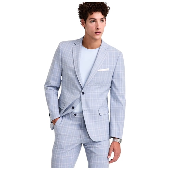 Alfani Mens Slim fit Sport Coat Blazer 38 R Light Blue Plaid Stretch