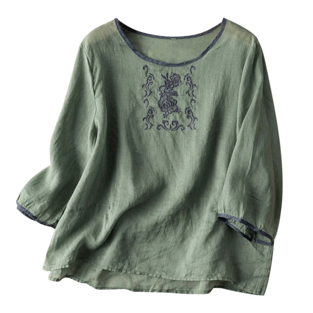 Camiseta de verano de lino con manga 3/4 para mujer - Top informal vintage bordado de estilo étnico