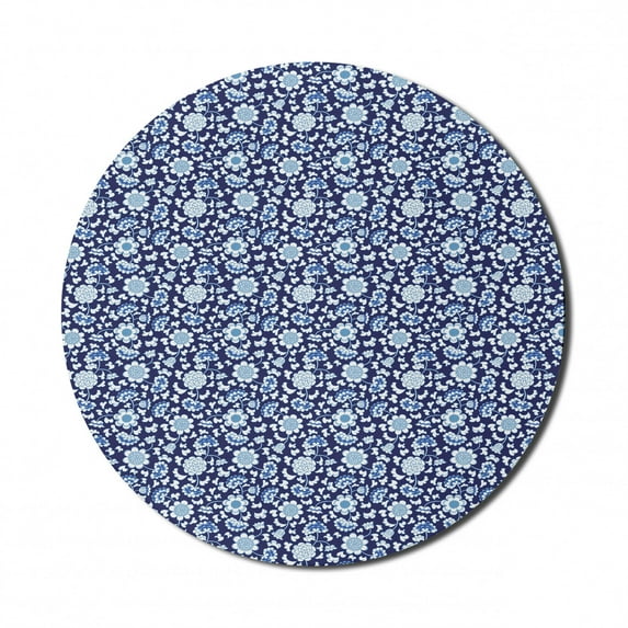 Floral Mouse Pad for Computers, Traditional Chinese Porcelain Motif Inspired Flower Design, Round Non-Slip Thick Rubber Modern Gaming Mousepad, 8" Round, Cobalt Blue Night Blue, by Ambesonne